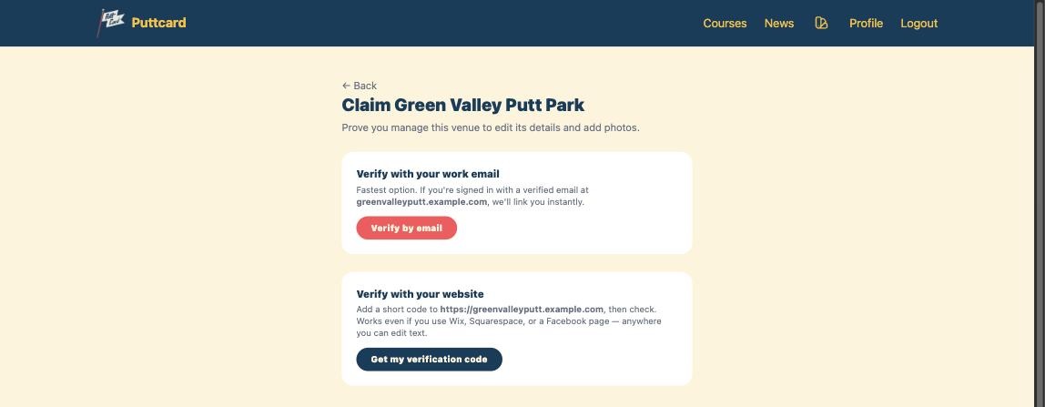 The Puttcard claim screen with verify-by-email and website-code options