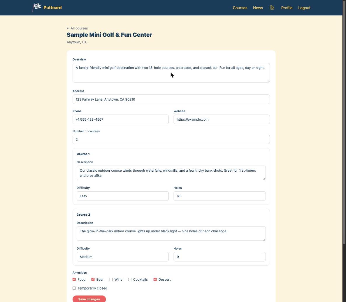 The Puttcard course editor showing details, courses, and amenities