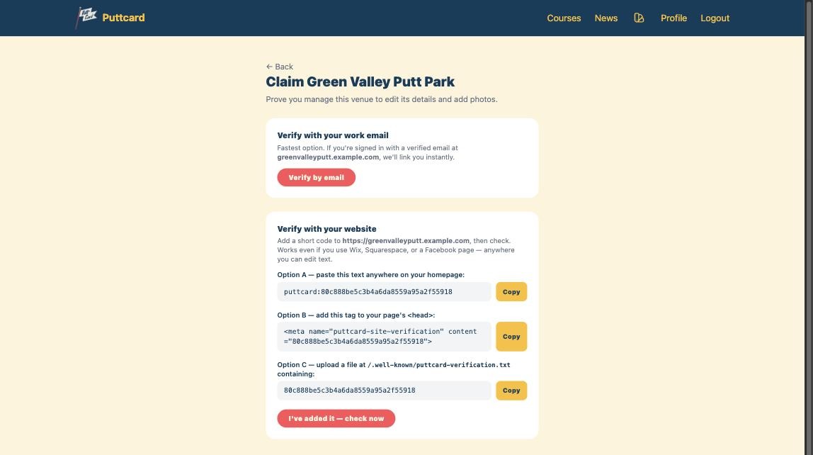 The website verification options: paste the puttcard code, add a meta tag, or upload a file, then check now